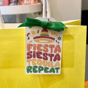 May include: A yellow gift bag with a green bow and a tag that says "Fiesta Siesta Tequila Repeat". The tag has a colorful illustration of a sombrero.
