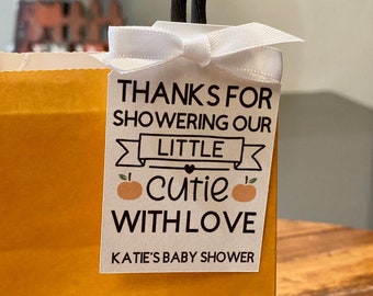 Thanks for Showering Our Little Cutie With Love Tags, Little Cutie Baby Shower Tags, Clementine Favor Tags, Listing for TAGS only