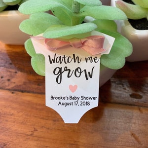 May include: A white baby onesie shaped tag with the text "Watch me grow" in black script font. A pink heart is below the text. The tag is attached to a small green succulent plant in a white pot. The text "Brooke's Baby Shower August 17, 2018" is below the heart.
