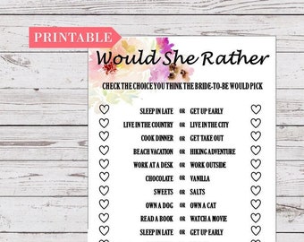 Would She Rather Bridal Shower Game, Bridal Shower Games, Downloadable Bridal Shower Games, INSTANT DOWNLOAD