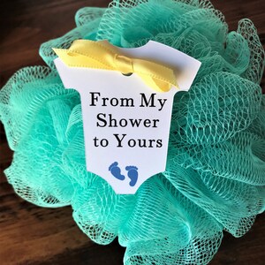 From My Shower to Yours Baby Shower Favor Tags (2&quot; Wide), White Baby Onesie Favor Tags, Soap/ Lufa/ Shower Gel Favor Tags