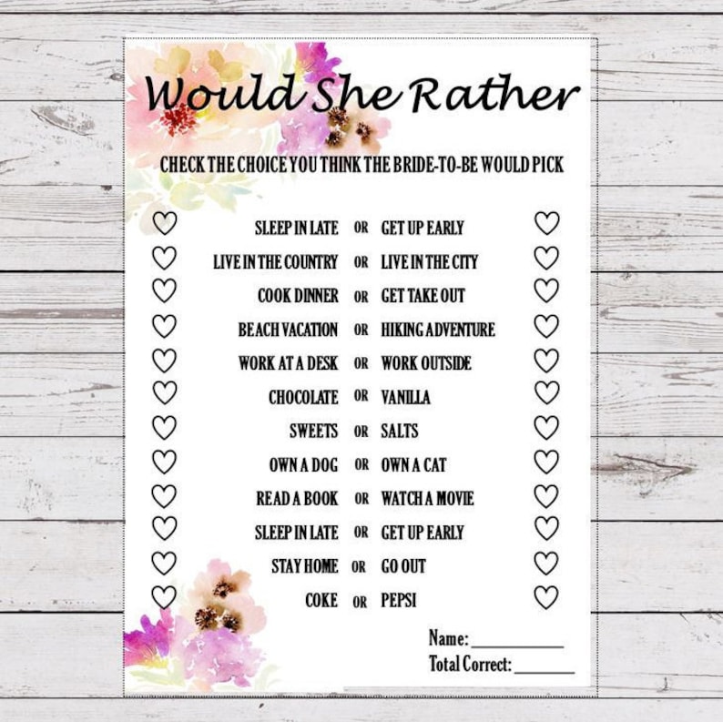 Would She Rather Bridal Shower Game Bridal Shower Games Etsy
