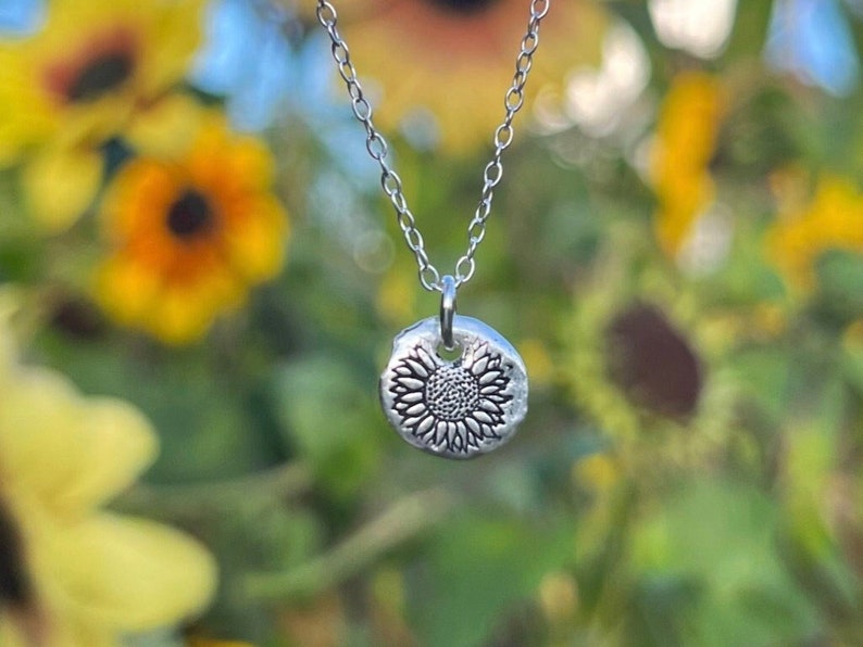 Sunflower silver necklace Dainty necklace, recycled sterling silver necklace, nature jewellery, eco-friendly, sustainable silver image 1