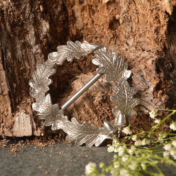 Wreath of Oak Leaves, scarf ring, pewter bright finish, designed and handmade in the UK