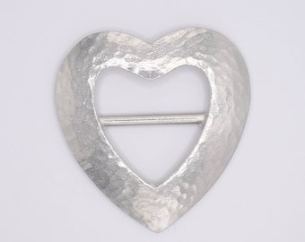 Heart scarf ring, bright beaten pewter, designed and handmade in the UK