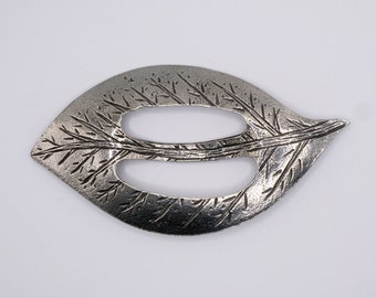Leaf Scarf Ring, traditional pewter finish, designed and handmade in the UK