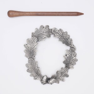 Wreath of Oak Leaves Shawl Pin, traditional pewter finish, with waxed wooden pin both designed and handmade in the UK