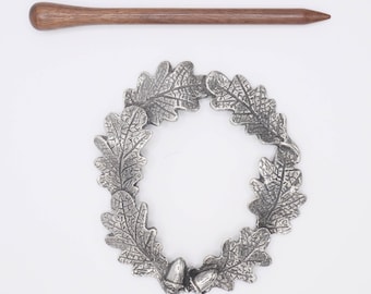 Wreath of Oak Leaves Shawl Pin, traditional pewter finish, with waxed wooden pin both designed and handmade in the UK