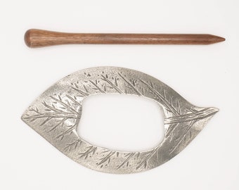 Leaf Shawl Pin, traditional pewter finish, with waxed wooden pin both designed and handmade in the UK