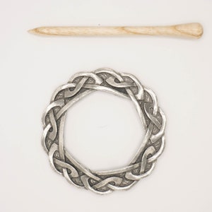 Celtic Shawl Pin, traditional pewter finish, with waxed wooden pin both designed and handmade in the UK