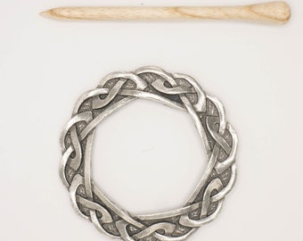 Celtic Shawl Pin, traditional pewter finish, with waxed wooden pin both designed and handmade in the UK