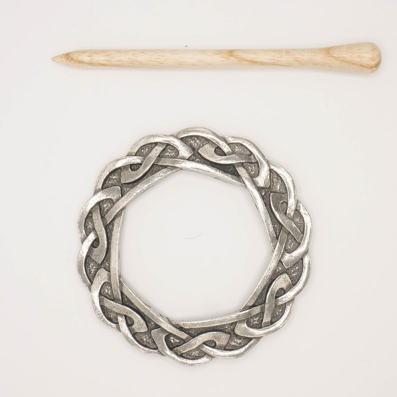 Celtic Shawl Pin, traditional pewter finish, with waxed wooden pin both designed and handmade in the UK image 1