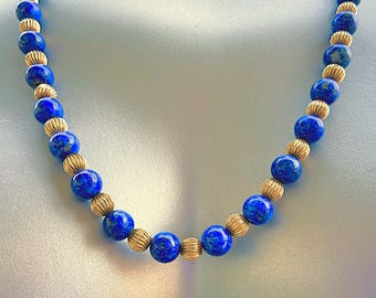 Vintage Lapis Lazuli Necklace – 27" Natural Blue Gemstone Beads & Gold-Tone Spacers, Mid-Century Jewelry