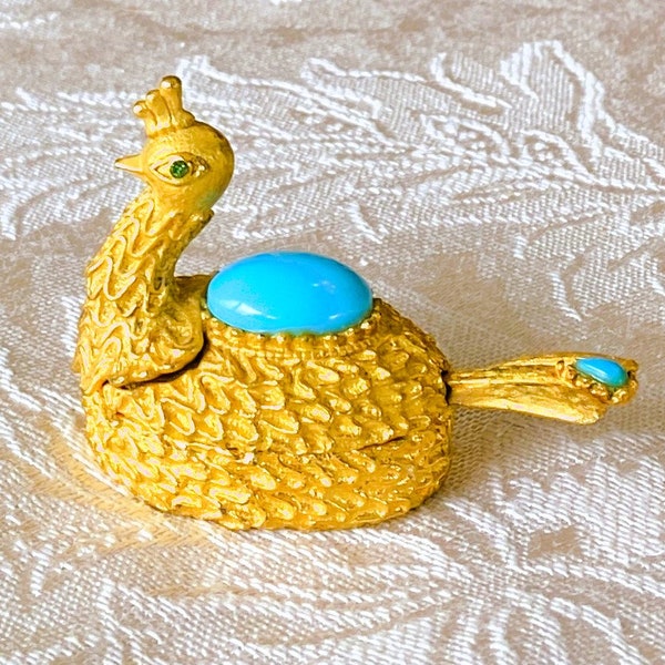 Vintage Florenza Pill Box, Peacock Trinket Box, Gold-Tone Mid-Century Bird-Shaped Saccharine Salt Cellar w Spoon, Turquoise Cabochon