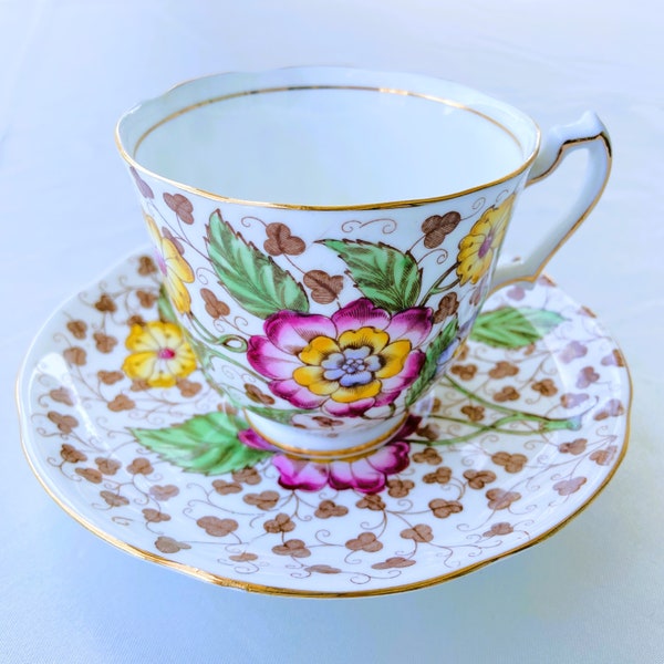 Vintage Floral Bone China Tea Cup and Saucer, Adderley China, Vintage English Bone China Tea Cup and Saucer Gilded, Chintz Teacup and Saucer