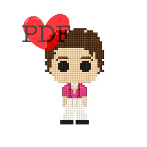 May include: A pixel art illustration of a person with brown hair, wearing a pink shirt, white pants, and black shoes. The person has a large head and small body, similar to a Funko Pop figure. A red heart with the word "PDF" is above the person's head.