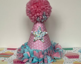 Handmade Pink polka dot Pom Pom birthday hat