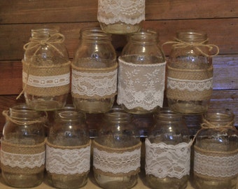 10 Burlap Mason Jar Sleeves, DIY Wedding Decorations, Rustic Wedding Decorations, Burlap and Lace