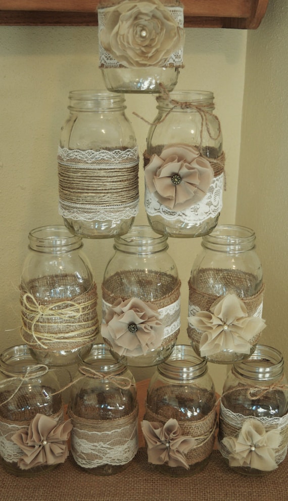 Set Of 10 Mason Jar Sleeves Burlap Wedding Decorations Rustic Wedding Centerpieces Burlap And Lace Jar Not Included