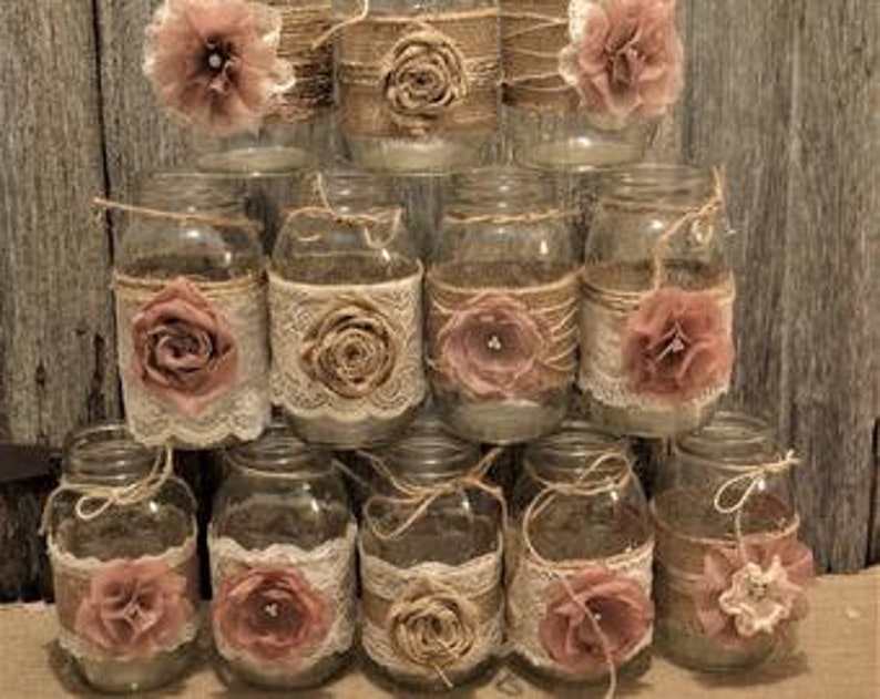 Bridal Shower Centerpieces Rustic Wedding Burlap Lace Mason image 0