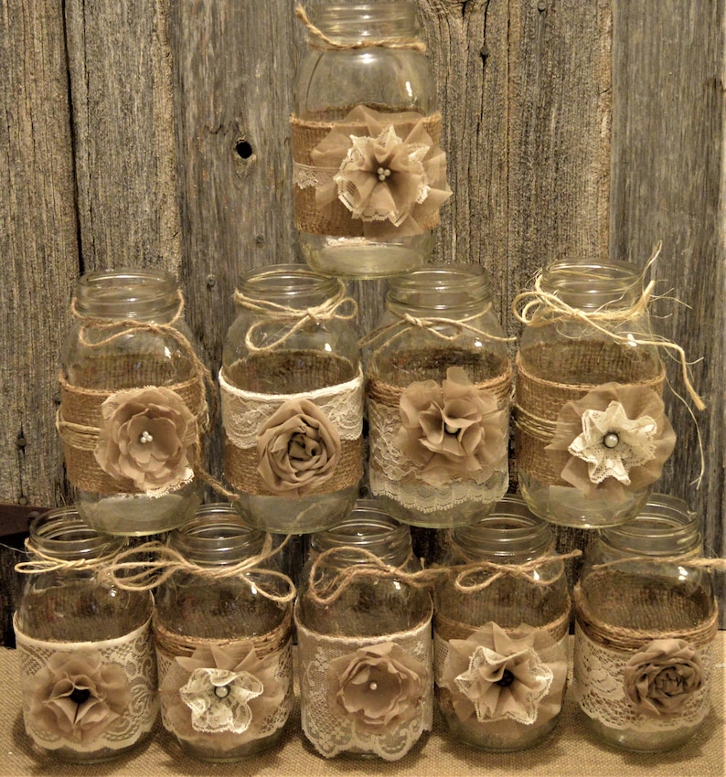 Burlap Mason Jars Mason Jar Wedding Wedding Centerpieces Etsy