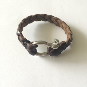 Handmade Braided Horween Leather Bracelet with Shackle Hardware