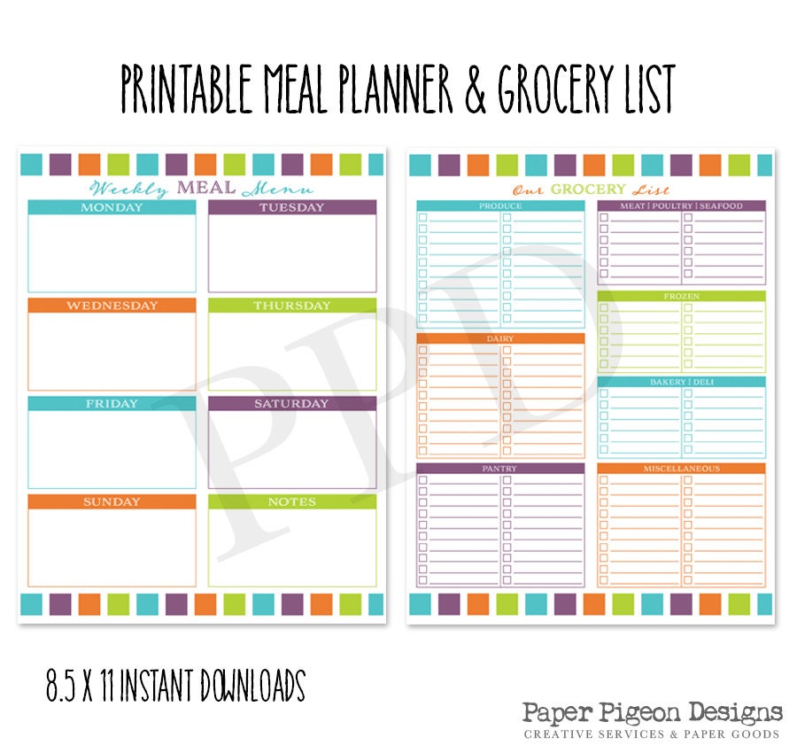 printable grocery list and weekly meal planner 85 x 11 etsy