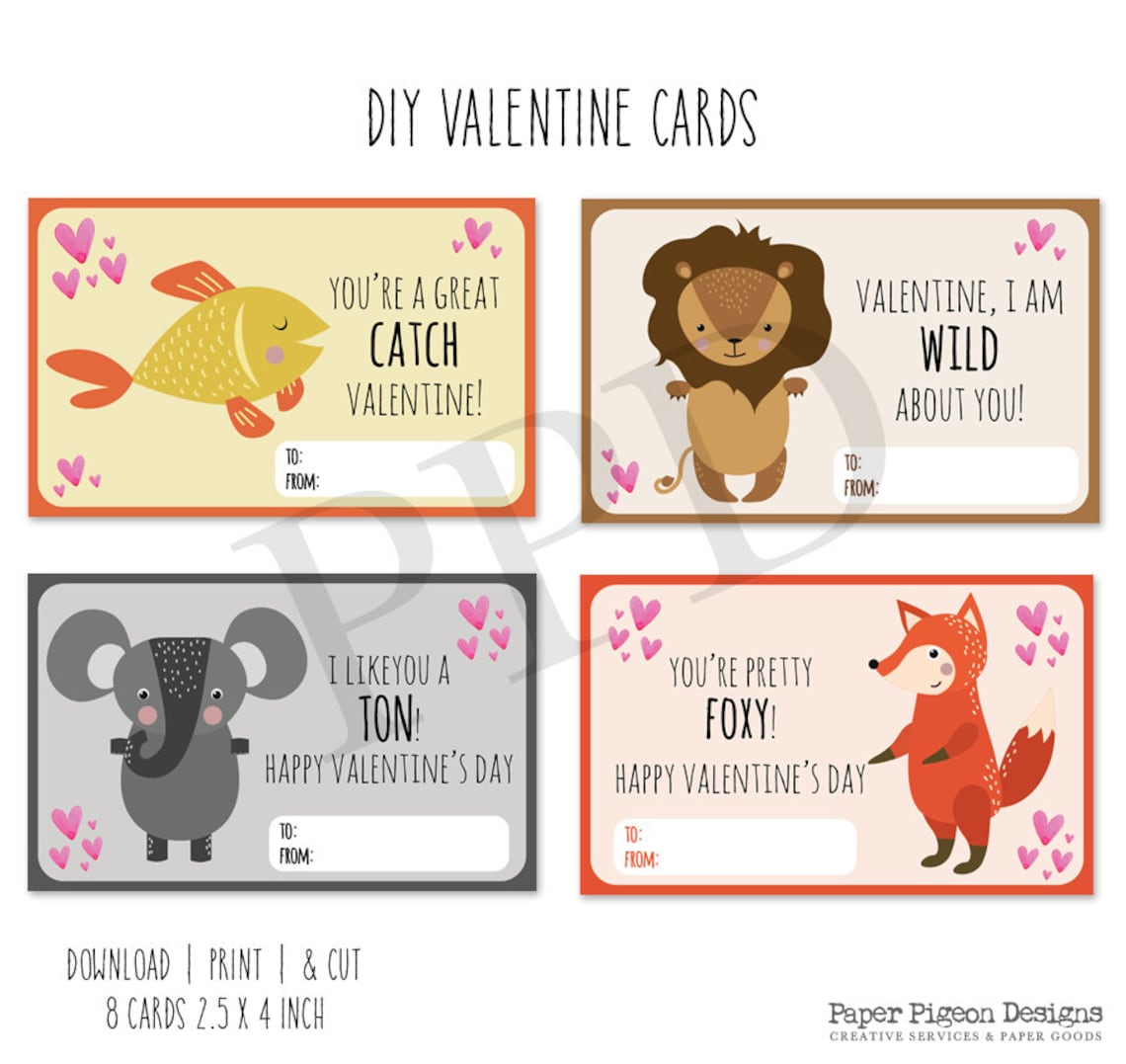 Animals DIY Valentine Cards Printable Valentine Cards Cute - Etsy