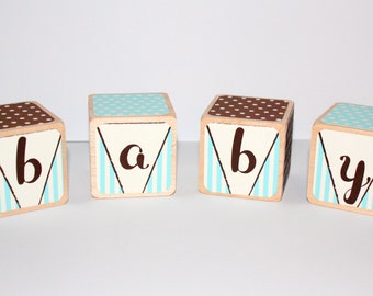 Shabby Chic Wooden Baby Blocks - Baby Boy Nursery - Baby Shower Decor - Blue And Brown Nursery - 2 Inch