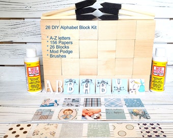 Alphabet Blocks - DIY 26 Block Kit - Vintage Boy Designs - Blue Patterns - Shower Table Centerpieces - Guest Book - 2 Inch Blocks