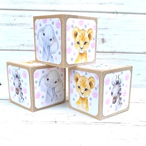 Safari Nursery Decor - Wood Blocks - Baby Girl -  Pink - Zebra - Elephant - Lion - Baby Shower Gift - Welcome Table - Baby Blocks - 2 Inch