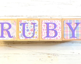 Personalized Wooden Name Baby Blocks - Letter Blocks - Baby Shower Gift - Nursery Room Decor - Flower Nursery - Baby Girl Blocks - Customize