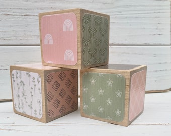 Boho Nursery - Rainbows - Wood Blocks - Baby Girl - Nursery Room Decor - Green, Brown, Blush Colors - Baby Shower Gift - 2 Inch