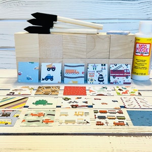 Baby Boy Shower - Baby Shower Craft - DIY Block Kit- Cars - Trucks - Trains - Sports - 2 Inch Blocks - Wooden Blocks
