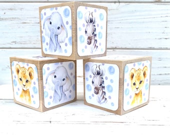 Safari Nursery Decor - Wood Blocks - Baby Boy - Blue - Zebra - Elephant - Lion - Baby Shower Gift - Welcome Table - Baby Blocks - 2 Inch
