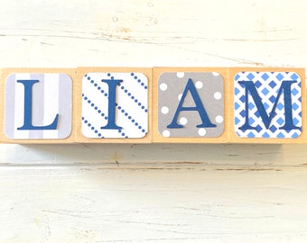 Personalized Wooden Name Baby Blocks - Letter Blocks - Baby Shower Decor - Nursery Room Decor - Newborn Photography - Navy Blue and Grey