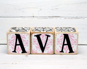 Baby Name Blocks - Wood Blocks - Personalized Letters - Black and Pink Nursery Decor - Baby Shower Gift - 2 Inch Blocks