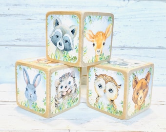 Woodland Nursery - Forest Animal Baby Shower - Wooden Baby Blocks - Baby Shower Decor - Raccoon - Rabbit - Fox - 2 Inch Blocks