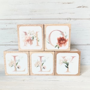 Name Blocks - Flowers - Personalized Blocks - Baby Blocks - Newborn Photo Prop - Baby Announcement- 2 Inch - Customize Your Own