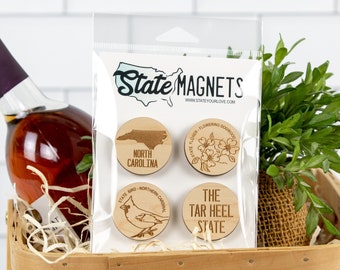 North Carolina State Engraved Wood Magnets Set of 4 - State Pride Symbols - Office Magnets, Fridge Magnets - Housewarming Travel Moving Gift