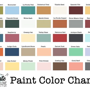 May include: A paint color chart with 36 different paint colors, each with a name. The colors are arranged in a grid of six rows and six columns. The chart is titled "State Your Love Paint Color Chart".