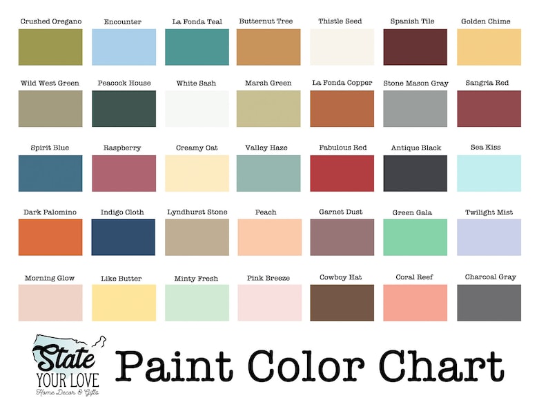 May include: A paint color chart with 36 different paint colors, each with a name. The colors are arranged in a grid of six rows and six columns. The chart is titled "State Your Love Paint Color Chart".
