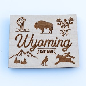 Wyoming State Shaped Engraved Wood Magnet - The Equality State - State Icons and Symbols - Choice of Cherry or Maple Wood