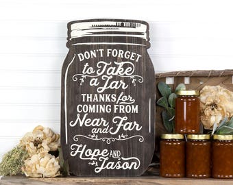 Personalized Mason Jar Shape Wood Cutout Wedding Favor Sign. Take a Jar Wedding Favor Table Display. Farmhouse Style, Barn Country Wedding