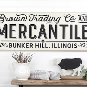 Personalized Mercantile Trading Company Farmhouse Retro Style Wood Sign. 3 Sizes 9 Colors. Last Name/City/State, Country Kitchen Decor Gift