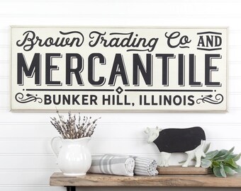 Personalized Mercantile Trading Company Farmhouse Retro Style Wood Sign. 3 Sizes 9 Colors. Last Name/City/State, Country Kitchen Decor Gift