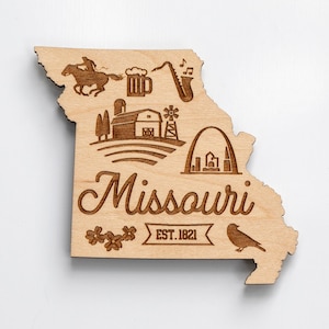Missouri State Shaped Engraved Wood Magnet - State Icons and Symbols - Choice of Cherry or Maple Wood