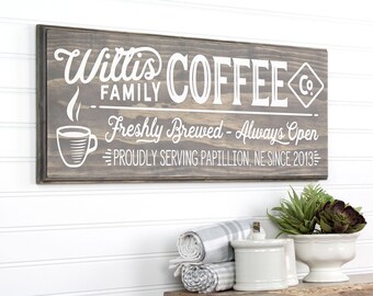 Personalized Coffee Shop Farmhouse Retro Style Wood Sign. 3 Sizes 9 Colors. Country Kitchen Coffee Station Decor Plaque Personalized Gift