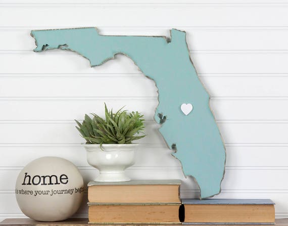 Florida Home State Wood Sign Cutout Silhouette Wall Art Personalized with Heart or Star. Housewarming, Anniversary Gift, Wedding Guestbook