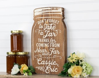 Personalized Mason Jar Shape Wood Cutout Wedding Favor Sign. Take a Jar Wedding Favor Table Display. Farmhouse Style, Barn Country Wedding